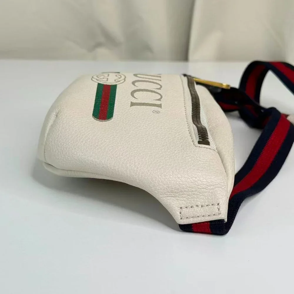 Gucci GG Logo White Leather Bum Bag with Green Red Stripes & Gold Zipper